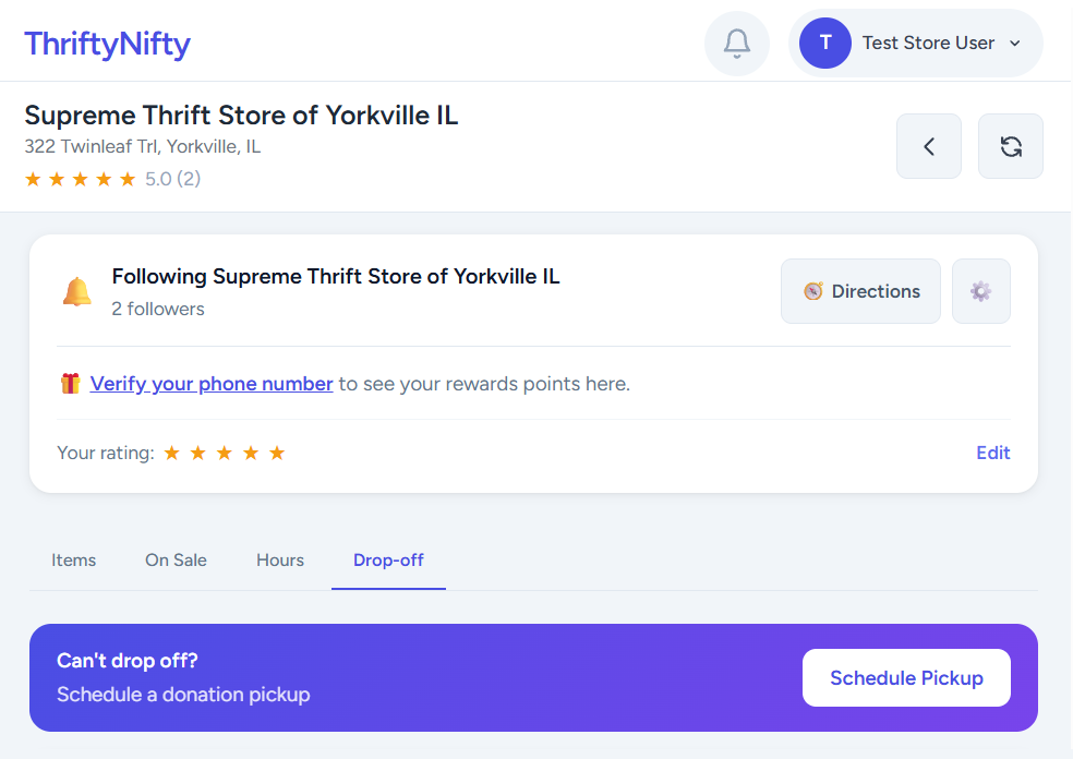 ThriftyNifty customer app showing digital rewards card, store followers, and item request inbox.